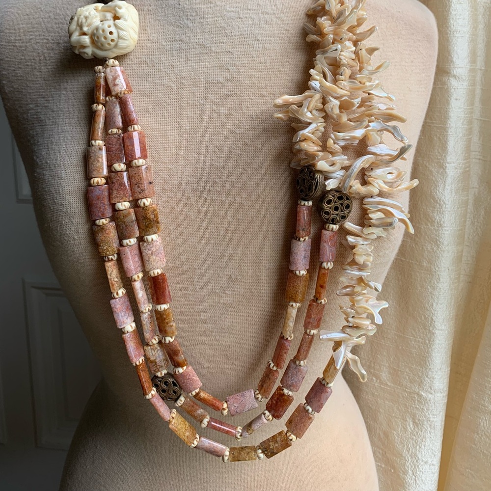 Sweet Olive Boho Multi Strand Bone, Mother of Pearl, Agate & Sunstone Necklace